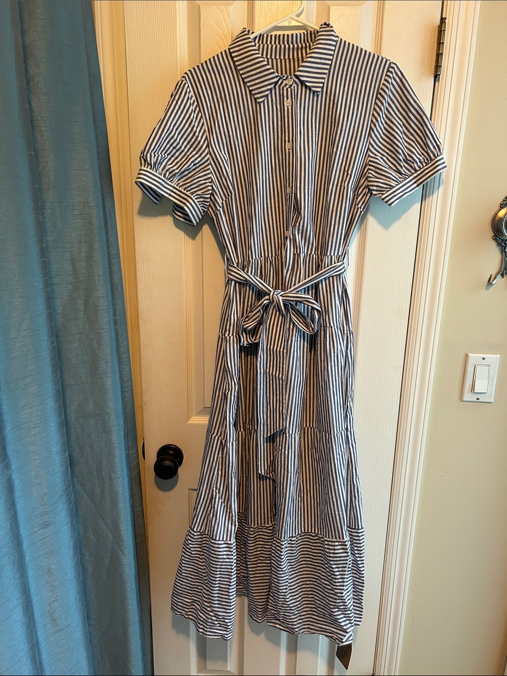 Striped Button-Front Shirt Dress with Tie Waist - Blue/White
